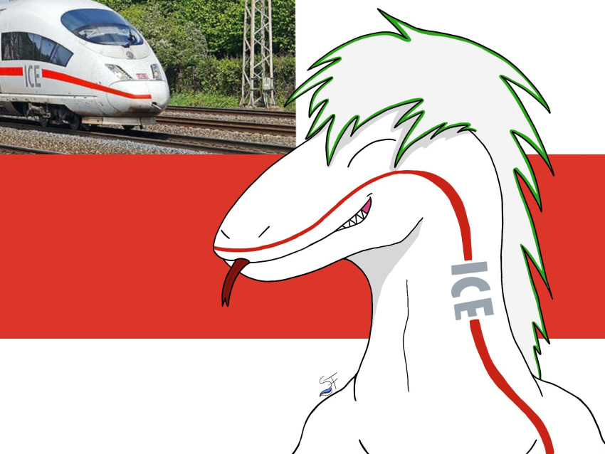 2023 anthro bullet_train bust_portrait deutsche_bahn digital_drawing_(artwork) digital_media_(artwork) dragon eyes_closed forked_tongue german germany green_outline grey_text grin hair hi_res how_to_dragon_your_train hybrid ice_(train) ice_3 living_machine living_train living_vehicle locomorph locomotive machine male markings meme monotone_body nude outline photo pink_gums portrait red_background red_body red_markings red_scales red_stripes red_tongue reference_image reptile scales scalie scoutartcorner signature simple_background smile solo stripes teeth tongue tongue_out train vehicle white_background white_body white_hair white_scales