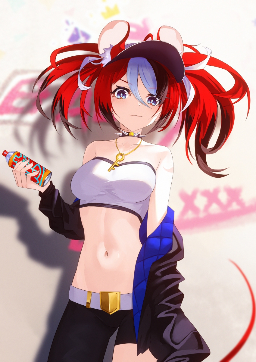 1girl absurdres akali akali_(cosplay) animal_ear_fluff animal_ears asymmetrical_pants bare_shoulders blue_eyes breasts can cheese closed_mouth collar cosplay crop_top food hakos_baelz highres holding holding_can hololive hololive_english jacket jewelry jiang_ye_kiri k/da_(league_of_legends) k/da_akali key_necklace league_of_legends medium_breasts mouse_ears mouse_girl mouse_tail multicolored_hair navel necklace off_shoulder shadow solo spiked_collar spikes spray_can stomach streaked_hair tail twintails v-shaped_eyebrows