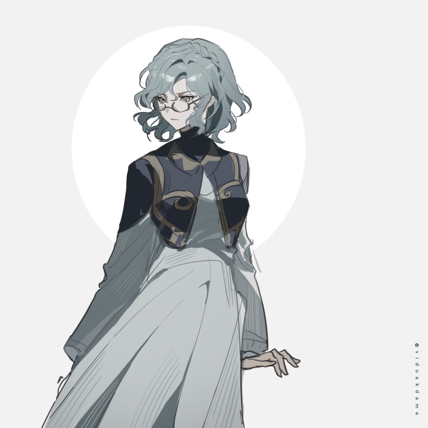 1girl braid breasts closed_mouth crown_braid dress genshin_impact glasses grey_hair hair_between_eyes haypasia_(genshin_impact) highres lofter_username long_sleeves short_hair simple_background sketch solo two-tone_background vidoakdame yellow_eyes