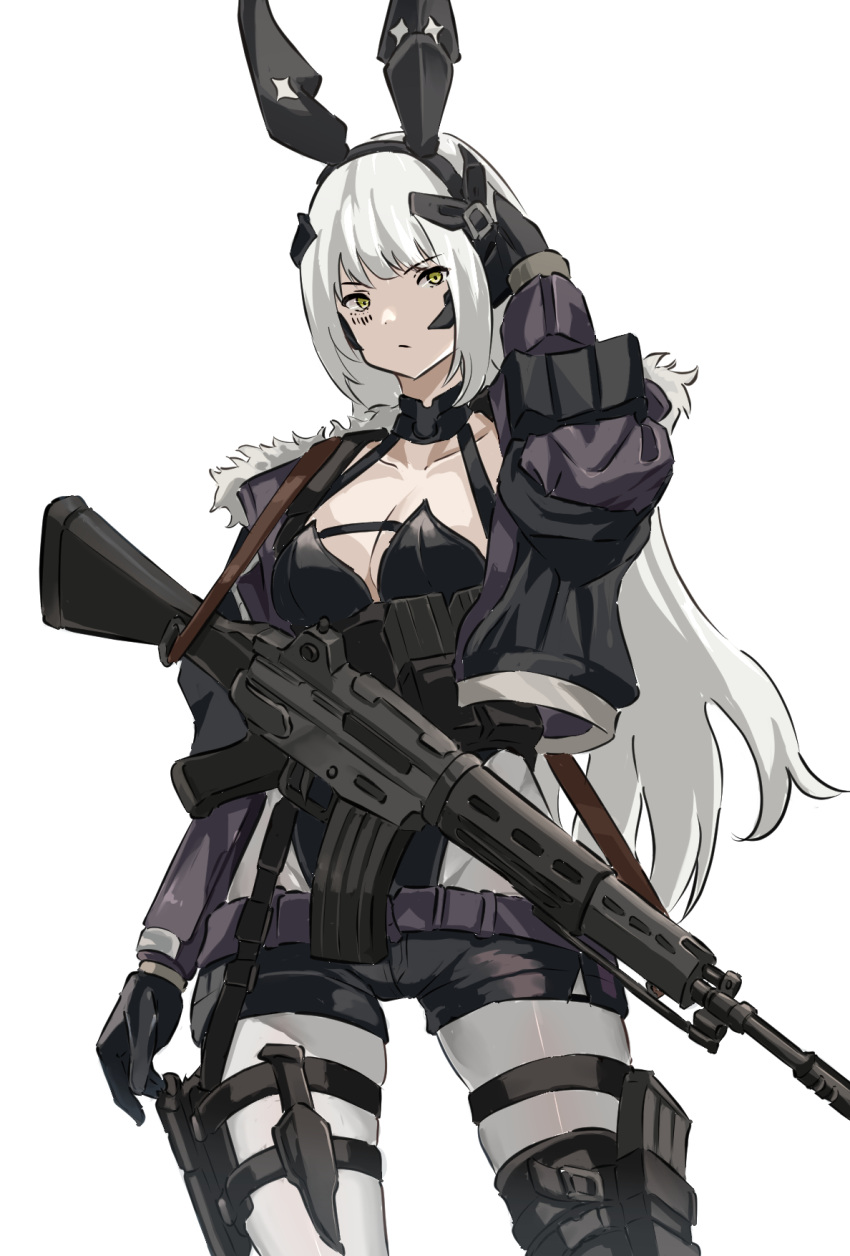 1girl :/ animal_ears assault_rifle black_gloves black_leotard black_shorts breasts cleavage closed_mouth collarbone commentary fake_animal_ears gager_(girls'_frontline) girls'_frontline gloves grey_pantyhose gun hand_on_own_head headgear highres holster holstered knife_holster large_breasts leotard long_hair looking_at_viewer micro_shorts mutugorou_u pantyhose playboy_bunny rabbit_ears rifle sangvis_ferri shorts simple_background tactical_clothes tactical_playboy_bunny thigh_holster very_long_hair weapon weapon_request white_background white_hair yellow_eyes