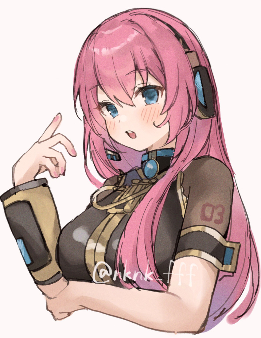 1girl aqua_eyes arm_under_breasts black_vest blush breasts commentary cropped_torso detached_sleeves hair_between_eyes hair_over_shoulder hand_up headphones headset high_collar highres large_breasts long_hair looking_at_viewer megurine_luka microphone number_tattoo open_mouth pink_hair pink_nails see-through see-through_shirt short_sleeves shoulder_tattoo simple_background single_detached_sleeve solo tananuki tattoo teeth twitter_username upper_body upper_teeth_only vest vocaloid