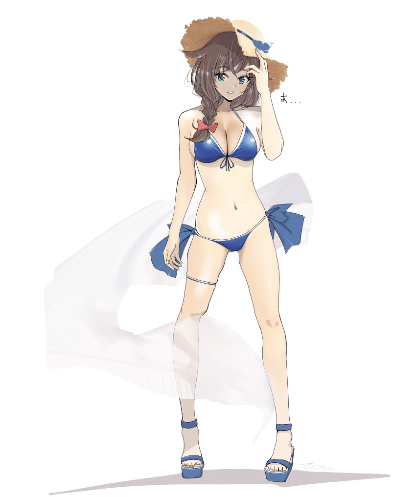 1girl absurdres aqua_eyes bikini blue_bikini braid breasts brown_hair front-tie_bikini_top front-tie_top full_body hair_over_shoulder hair_ribbon hat highres kantai_collection long_hair medium_breasts official_alternate_costume red_ribbon ribbon sandals shigure_(kancolle) shigure_kai_san_(kancolle) side-tie_bikini_bottom single_braid solo standing straw_hat sun_hat swimsuit tada white_background