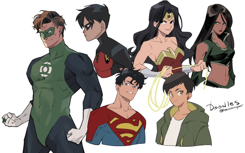 3boys 3girls bare_shoulders black_bodysuit black_cape black_hair blue_bodysuit blue_eyes bodysuit bracer brown_hair cape character_request dark-skinned_female dark_skin dc_comics domino_mask gloves green_bodysuit green_eyes green_lantern highres hokkemaruyaki holding holding_rope jewelry lasso lois_lane long_hair looking_at_viewer mask multiple_boys multiple_girls muscular muscular_female muscular_male my_adventures_with_superman ring robin_(dc) rope short_hair skin_tight smile superhero superman superman_(series) superman_logo tiara two-tone_bodysuit white_gloves wonder_woman yellow_eyes