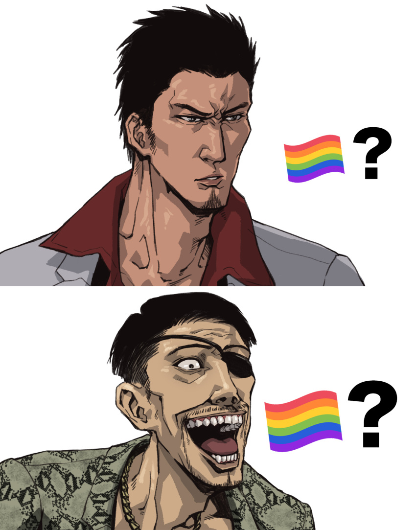 2boys ? crazy_smile donko_4147 facial_hair frown goatee highres kiryu_kazuma looking_ahead majima_goro male_focus meme multiple_boys mustache_stubble open_mouth pride_flag_question_mark_(meme) rainbow_flag ryuu_ga_gotoku_(series) ryuu_ga_gotoku_0 short_hair smile thick_eyebrows upper_body