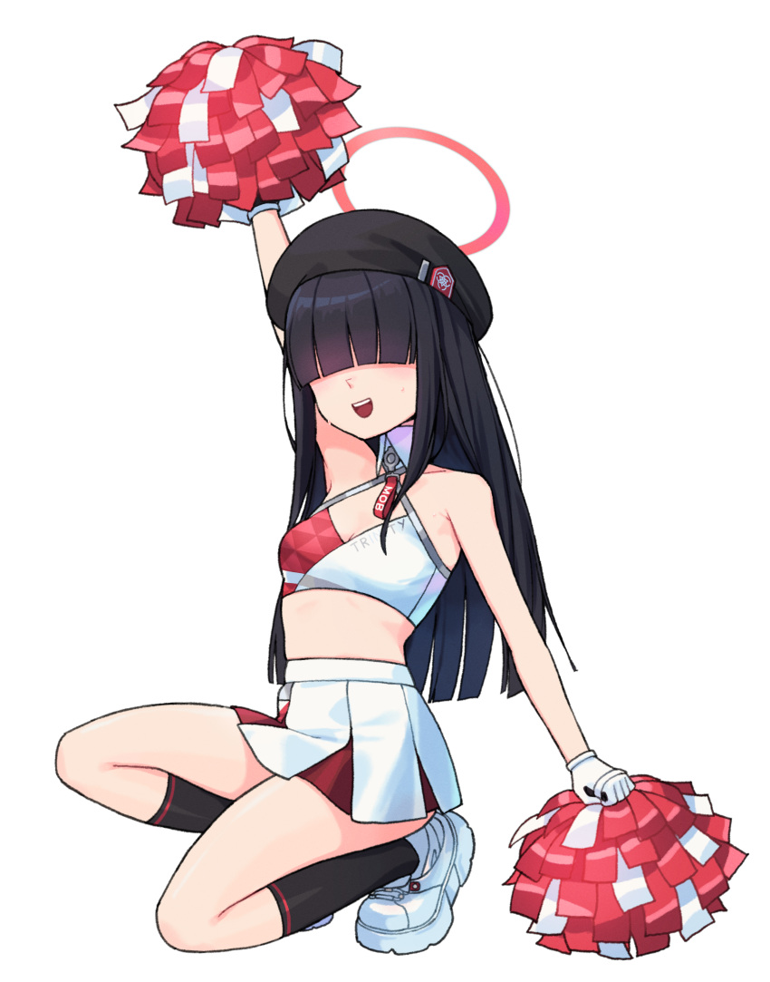 1girl absurdres alternate_costume arm_up beret black_hair black_headwear black_socks blue_archive blunt_bangs blunt_ends breasts chuo8008 covered_eyes gloves halo hat highres holding holding_pom_poms justice_task_force_member_(blue_archive) kneehighs long_hair midriff millennium_cheerleader_outfit_(blue_archive) miniskirt on_one_knee outstretched_arm pleated_skirt pom_pom_(cheerleading) simple_background skirt small_breasts smile socks solo sports_bra sweat two-tone_sports_bra upper_body very_long_hair white_background white_gloves