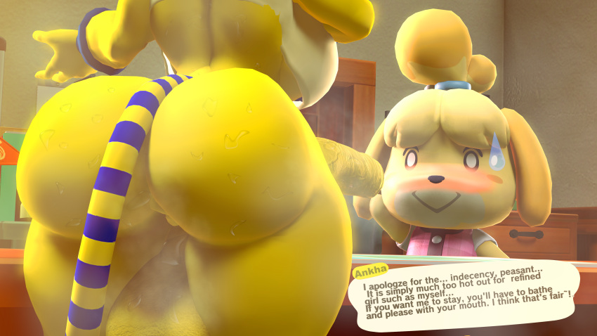 3d_(artwork) absurd_res abyssinian_cat animal_crossing ankha_(animal_crossing) anthro anus balls big_balls big_butt big_penis blue_stripes blush bodily_fluids bottomless bracelet butt canid canine canis chibi clothed clothing crop_top desk detailed_background dialogue digital_media_(artwork) domestic_cat domestic_dog door duo duo_focus felid feline felis female furniture genitals group gynomorph hi_res huge_balls huge_penis imminent_sex intersex intersex/female isabelle_(animal_crossing) jewelry lewdwithlogan mammal markings mostly_nude musk musk_clouds musky_balls musky_cock nervous nervous_smile nervous_sweat nintendo penis shih_tzu shirt shocked source_filmmaker speech_bubble striped_body striped_markings striped_tail stripes sweat sweatdrop sweaty_balls sweaty_butt sweaty_genitalia table tail tail_markings text thick_thighs topwear topwear_only town_hall toy_dog white_clothing white_shirt white_topwear wide_hips yellow_body