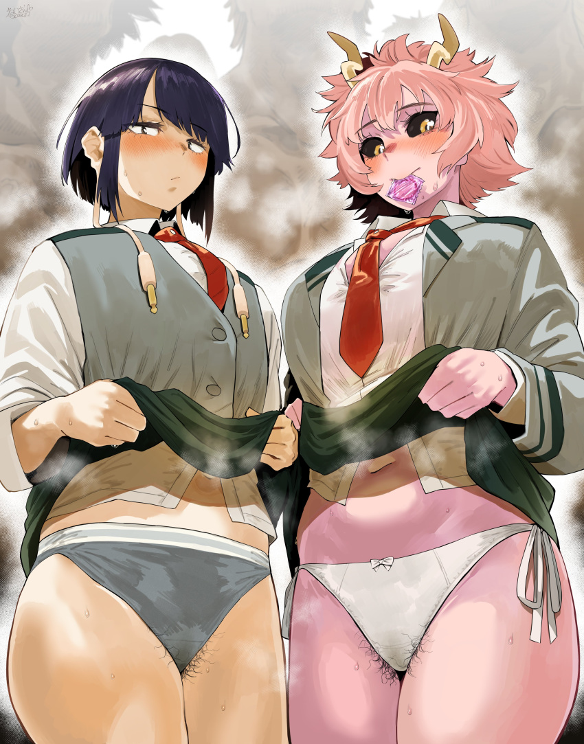 2girls 4boys absurdres ashido_mina bikini black_sclera blush boku_no_hero_academia closed_mouth clothes_lift collared_shirt colored_sclera colored_skin condom condom_in_mouth female_pubic_hair grey_vest hero_neisan highres jirou_kyouka lifted_by_self looking_at_viewer medium_hair mouth_hold multiple_boys multiple_girls navel necktie panties pink_hair pink_skin pubic_hair purple_hair red_necktie school_uniform shirt skirt skirt_lift swimsuit underwear vest white_bikini white_shirt yellow_eyes