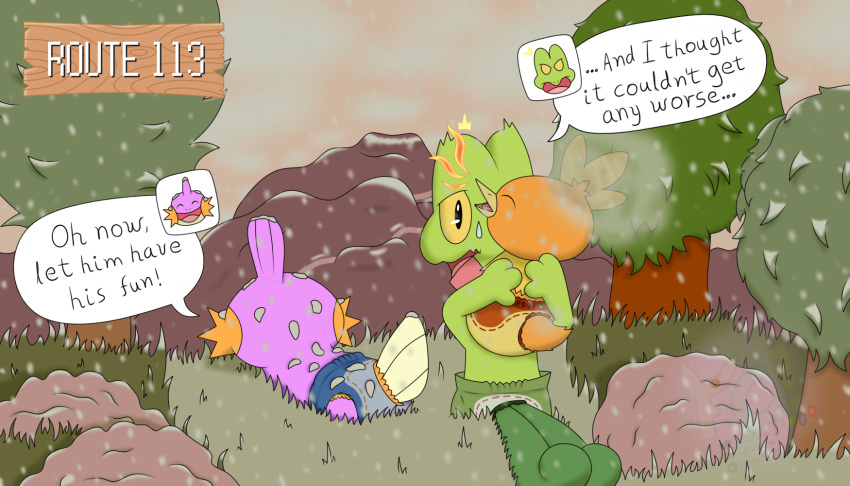 7:4 ambiguous_gender ashes clothed clothing diaper english_text fennecat_(artist) feral forest generation_3_pokemon group hi_res mudkip nintendo plant pokemon pokemon_(species) shiny_pokemon speech_bubble text torchic tree treecko watermark wearing_diaper young