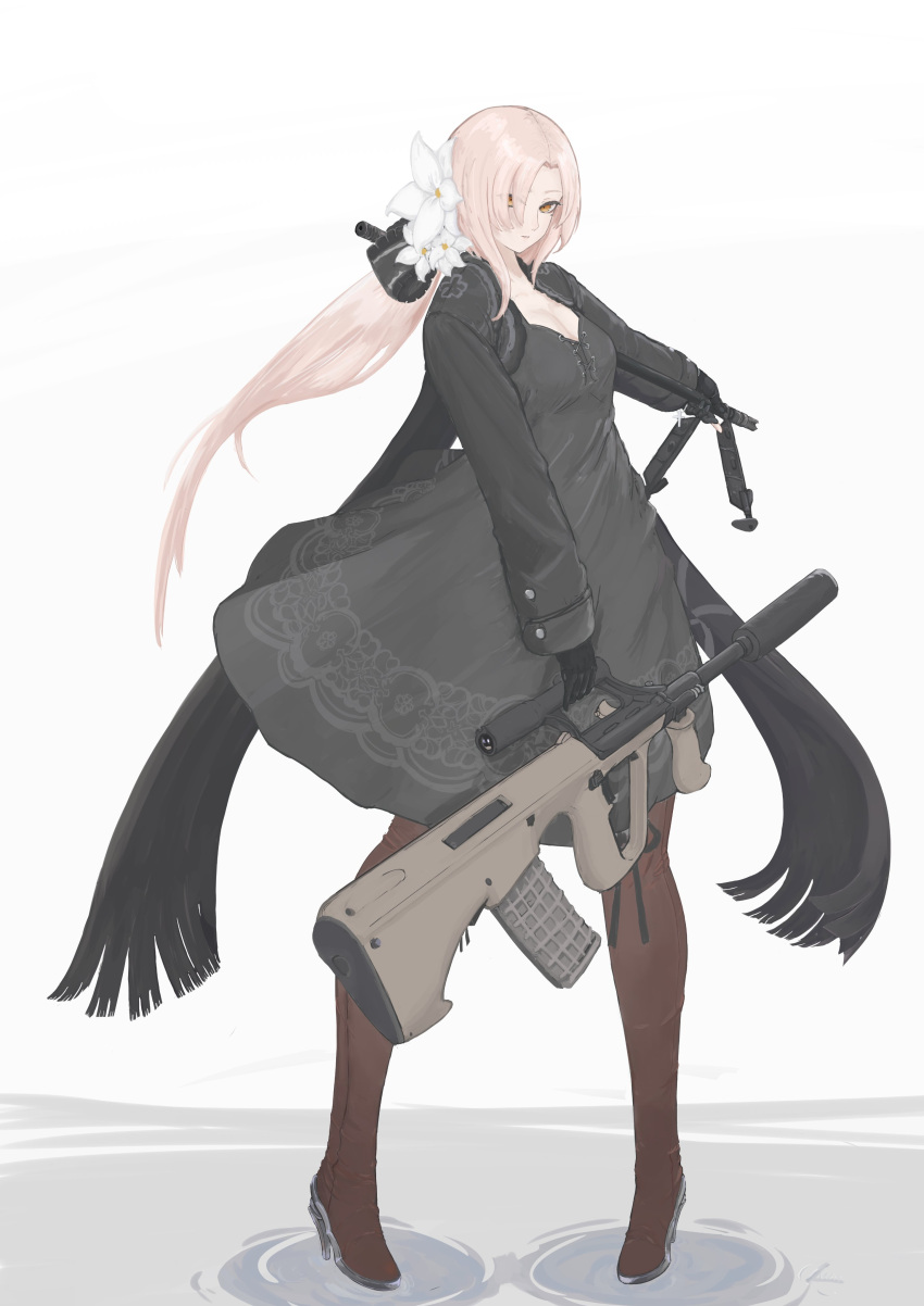 1girl absurdres assault_rifle aug_(girls'_frontline) black_dress black_gloves boots breasts brown_eyes brown_footwear brown_hair bullpup cleavage commentary_request dress flower fringe_trim full_body girls'_frontline gloves grey_background gun hair_flower hair_ornament highres holding holding_gun holding_weapon lamniku0 long_hair long_sleeves looking_at_viewer medium_breasts name_connection object_namesake parted_bangs rifle simple_background solo standing steyr_aug thigh_boots very_long_hair weapon white_flower