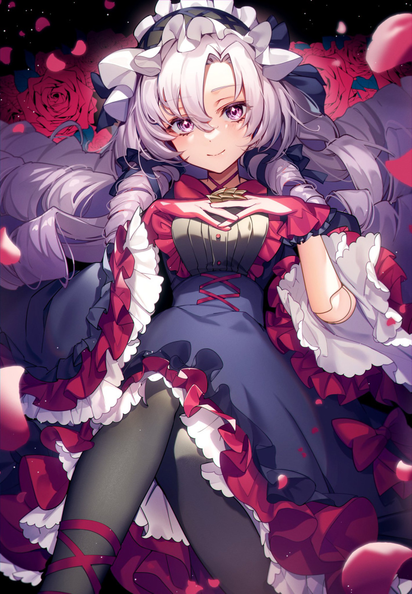 1girl :&gt; black_pantyhose blush bright_pupils claw_ring commentary_request doll_joints dress drill_hair feet_out_of_frame floral_background flower frilled_dress frilled_headwear frills hands_on_own_chest highres hyakumantenbara_salome interlocked_fingers joints layered_dress light_purple_hair long_hair looking_at_viewer maid_headdress nijisanji nonomaro pantyhose parted_bangs petals purple_eyes red_dress red_flower red_rose rose side_drill smile solo virtual_youtuber white_pupils