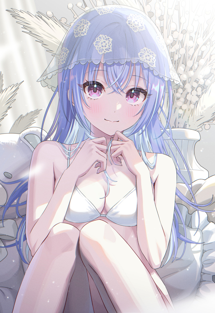 1girl absurdres bikini blue_hair blush breasts cleavage feet_out_of_frame highres holding holding_hair idolmaster idolmaster_shiny_colors knees_together_feet_apart knees_up light_smile long_hair looking_at_viewer medium_breasts momomoi_momoi plant potted_plant purple_eyes solo suzuki_hana swimsuit veil very_long_hair white_bikini