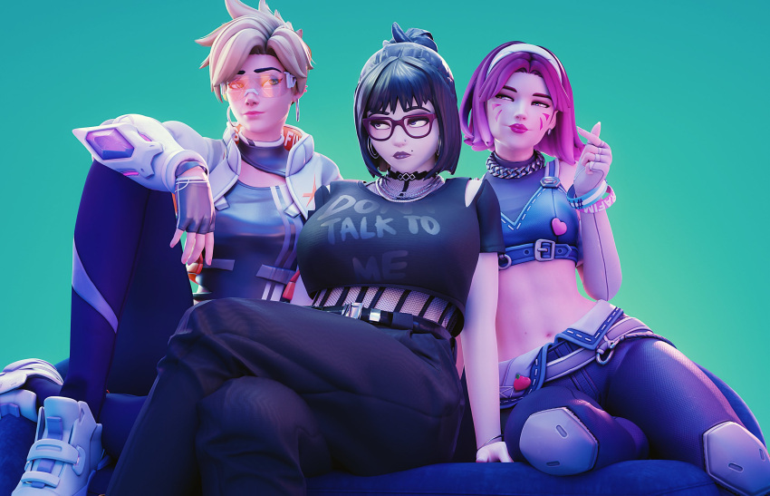 3d 3girls alternate_hair_color black-framed_eyewear black_choker black_hair black_lips blonde_hair breasts choker clothes_writing commentary crop_top crossed_legs curvy d.va_(overwatch) english_commentary fugtrup glasses gothic highres k-pop large_breasts le_sserafim mei_(overwatch) multiple_girls official_alternate_costume overwatch overwatch_2 pale_skin short_hair sitting small_breasts tracer_(overwatch)