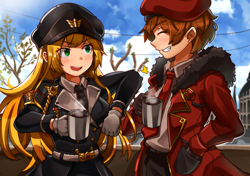 1boy 1girl absurdres armband beret black_gloves blonde_hair blush budapest coffee coffee_mug commander_(girls'_frontline) commission commissioner_upload couple cup girls'_frontline gloves green_eyes hat highres jacket military_hat military_uniform mug necktie oniisan02b skeb_commission smile stg44_(girls'_frontline) uniform white_gloves