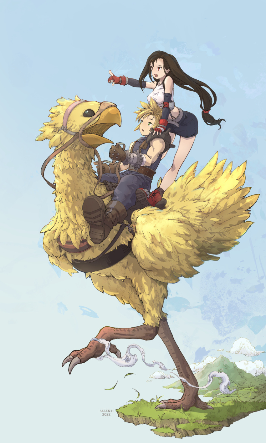 1boy 1girl absurdres armor artist_name bare_shoulders belt bird black_gloves black_hair black_skirt black_socks blonde_hair blue_eyes blue_pants blue_sky blue_sweater boots breasts brown_footwear brown_gloves chocobo cloud cloud_strife crop_top dated day elbow_gloves elbow_pads final_fantasy final_fantasy_vii fingerless_gloves full_body gloves grass hair_behind_ear hand_on_another's_shoulder highres holding holding_reins large_breasts long_hair low-tied_long_hair midriff miniskirt mountain open_mouth outdoors pants pointing pointing_forward red_eyes red_footwear red_gloves reins riding riding_animal riding_bird sazaki_huangdalun shoulder_armor single_bare_shoulder single_elbow_pad sitting skirt sky sleeveless sleeveless_turtleneck socks spiked_hair standing suspender_skirt suspenders sweater tank_top tifa_lockhart turtleneck turtleneck_sweater white_tank_top