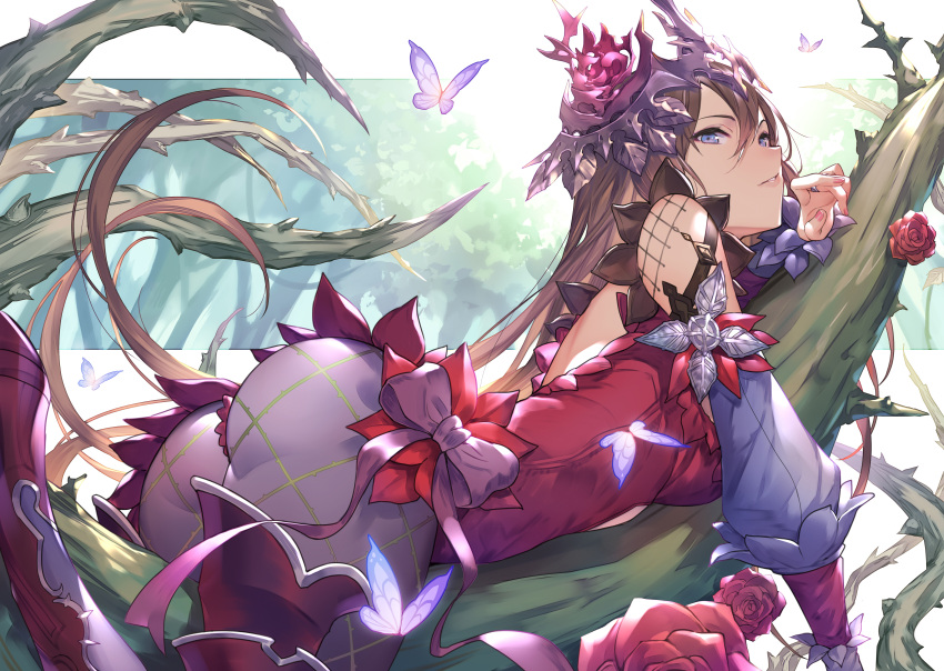 1girl absurdres ass bare_shoulders breasts brown_hair bug butterfly cleavage fingernails fishnet_pantyhose fishnets flower forest granblue_fantasy hair_between_eyes hair_flower hair_ornament highres kakage large_breasts leotard long_hair lying nature on_stomach pantyhose plant purple_butterfly purple_eyes red_leotard rose rose_queen rosetta_(granblue_fantasy) sidelocks solo thighs thorns very_long_hair vines