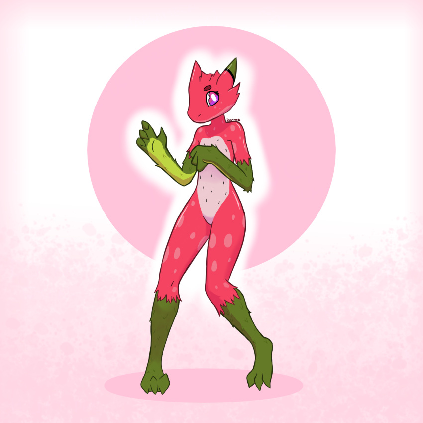 &lt;3 anthro artist_name claws countershading digital_media_(artwork) dragon_fruit elemental_creature featureless_chest featureless_crotch female flat_chested flora_fauna food food_creature fruit fur gradient_background green_body green_fur hapromeen heart_after_signature hi_res kobold living_fruit multicolored_body nude pink_background pink_body pink_skin plant purple_eyes simple_background solo