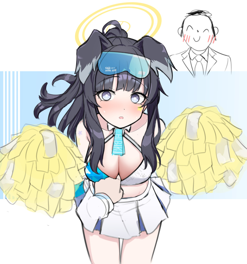 1boy 1girl :o absurdres animal_ears arona's_sensei_doodle_(blue_archive) black_hair blue_archive blunt_bangs blush breasts cheerleader cleavage closed_eyes clothes_pull dog_ears dog_girl dog_tail embarrassed eyewear_on_head goggles goggles_on_head grey_eyes halo hibiki_(blue_archive) hibiki_(cheerleader)_(blue_archive) highres holding holding_pom_poms leaning_forward long_hair looking_at_viewer millennium_cheerleader_outfit_(blue_archive) momip navel official_alternate_costume pleated_skirt pom_pom_(cheerleading) ponytail sensei_(blue_archive) sidelocks simple_background skirt sleeveless solo stomach tail white_background