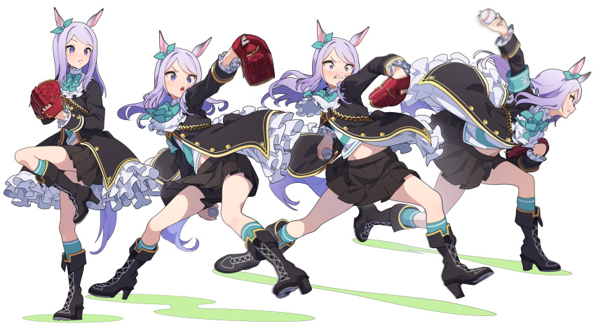 1girl absurdres animal_ears aqua_bow aqua_shirt aqua_socks armband ball bandaid baseball baseball_mitt black_footwear black_jacket black_skirt bow clenched_teeth commentary_request ear_bow fold-over_boots frilled_jacket frills highres holding holding_ball horse_ears horse_girl horse_tail jacket long_hair long_sleeves mejiro_mcqueen_(umamusume) multiple_views nishiki_kazue open_clothes open_jacket outdoors pleated_skirt purple_eyes purple_hair shirt simple_background skirt socks striped striped_shirt tail teeth throwing umamusume white_background white_shirt