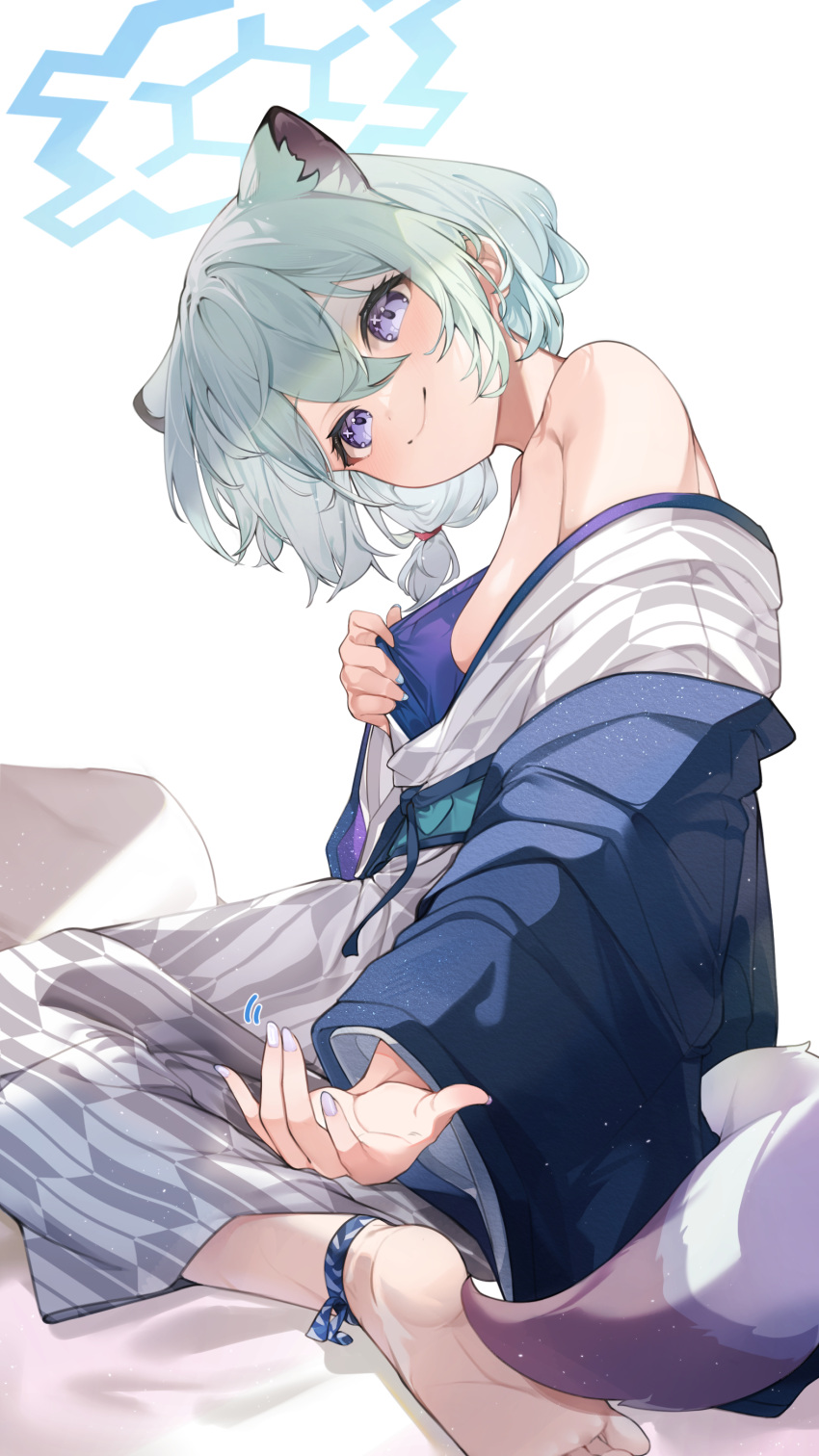 1girl absurdres animal_ears bare_shoulders bath_yukata bed_sheet blue_archive blue_halo breasts closed_mouth commentary double-parted_bangs fingernails from_side grey_hair grey_kimono hair_between_eyes halo haori head_tilt highres japanese_clothes kimono looking_at_viewer medium_breasts mimizuku_(mmiganaru) off_shoulder official_alternate_costume official_alternate_hairstyle on_bed purple_eyes reaching reaching_towards_viewer shigure_(blue_archive) shigure_(hot_spring)_(blue_archive) short_hair short_ponytail simple_background sitting smile solo tail wariza weasel_ears weasel_girl weasel_tail white_background white_nails wide_sleeves yukata