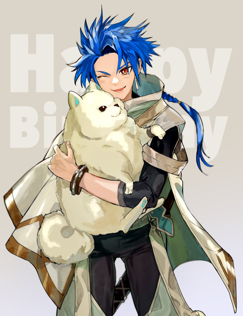 1boy animal asymmetrical_bangs birthday blue_hair bodysuit bodysuit_under_clothes bracelet braid braided_ponytail capelet child clothing_cutout cowboy_shot cu_chulainn_(fate) dog earrings fate/grand_order fate_(series) happy_birthday highres holding holding_animal hood hooded_capelet jewelry long_hair looking_at_viewer male_child male_focus muscular muscular_child puffy_pants puppy red_eyes samoyed_(dog) setanta_(fate) simple_background smile solo thigh_cutout tsurupika white_dog