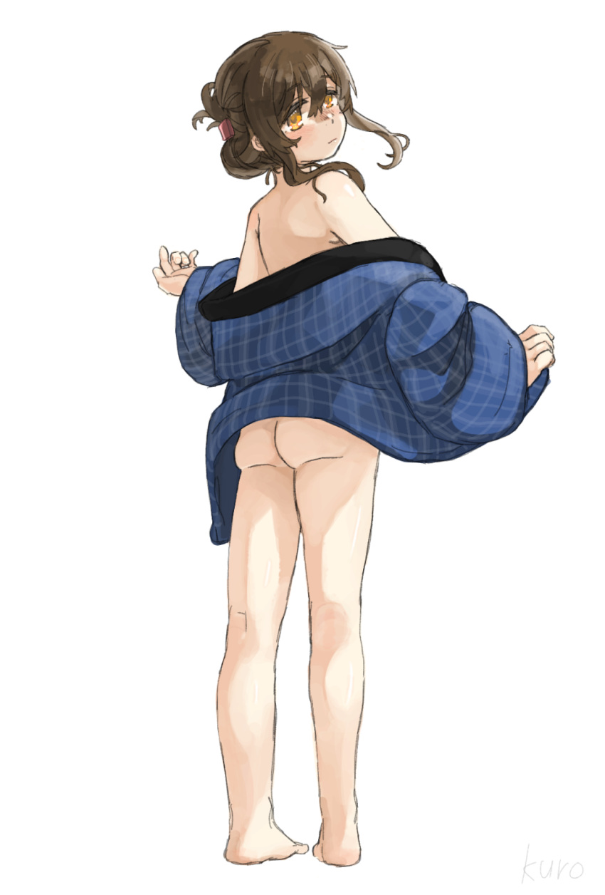 1girl artist_name ass blue_jacket brown_hair closed_mouth commentary_request floating_hair folded_ponytail from_behind hair_ornament hairclip hanten_(clothes) highres inazuma_(kancolle) jacket kantai_collection kuro4221 long_sleeves looking_at_viewer looking_back naked_jacket orange_eyes plaid plaid_jacket removing_jacket short_hair_with_long_locks simple_background solo standing white_background
