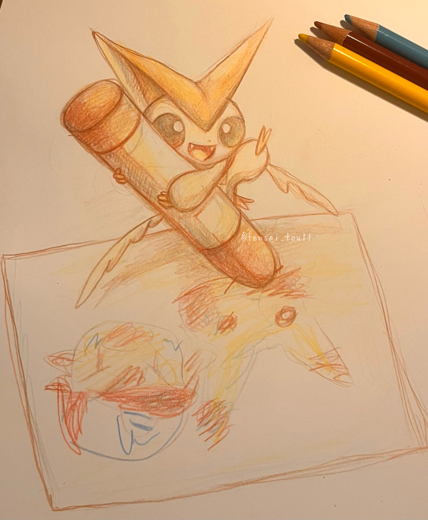 absurdres animal_focus arms_up art_tools_in_frame artist_name blue_eyes child's_drawing colored_pencil_(medium) commentary crayon drawing fangs happy highres holding holding_crayon no_humans open_mouth paper pencil pokemon pokemon_(creature) sketch smile solo tensaitou_tou traditional_media twitter_username victini watermark