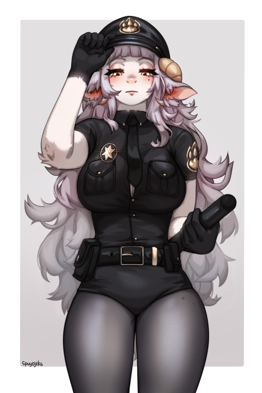 anthro blush bovid breasts caprine clothing female fur goat hair hi_res horn looking_at_viewer mammal police_hat police_uniform simple_background solo spuydjeks uniform white_body white_fur white_hair yellow_eyes