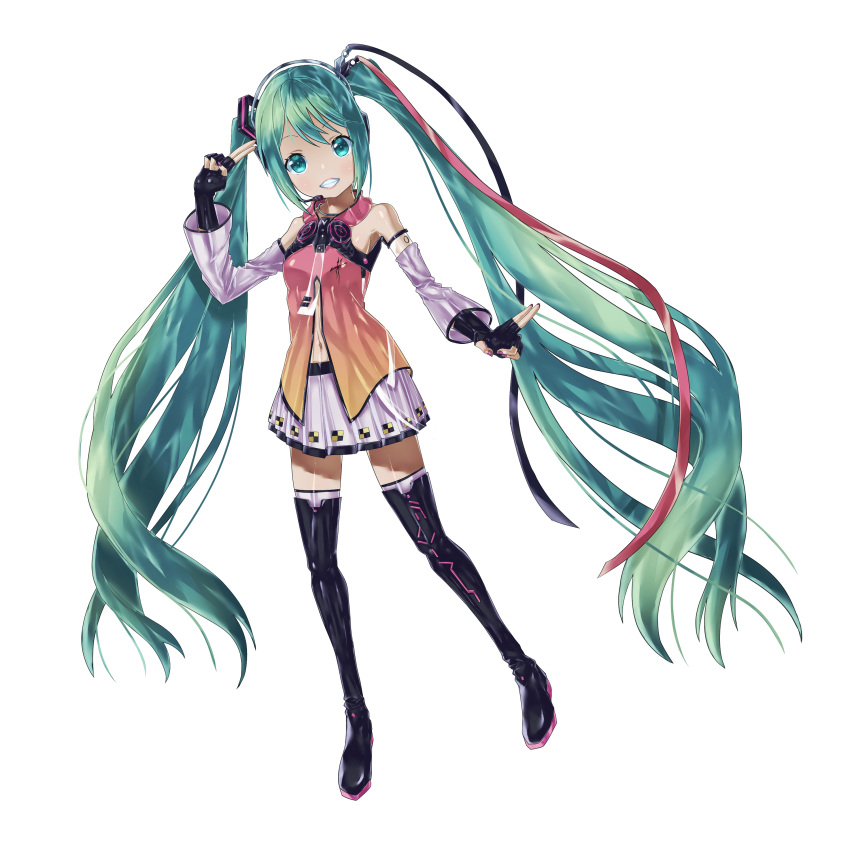 1girl absurdres aqua_eyes aqua_hair detached_sleeves freely_tomorrow_(vocaloid) full_body happy hatsune_miku highres long_hair looking_at_viewer masatakaman55go nail_polish navel project_diva_(series) project_diva_f skirt smile solo star_voice_(module) twintails very_long_hair vocaloid white_skirt