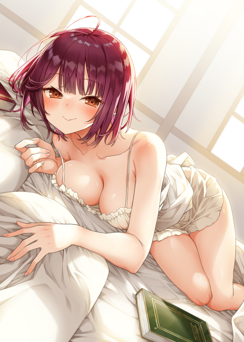 1girl alt_(ctrldel) atelier_(series) atelier_sophie bed_sheet blush book breasts brown_eyes cleavage closed_mouth collarbone commentary_request fingernails highres large_breasts looking_at_viewer lying off_shoulder on_stomach pillow red_hair short_hair smile solo sophie_neuenmuller