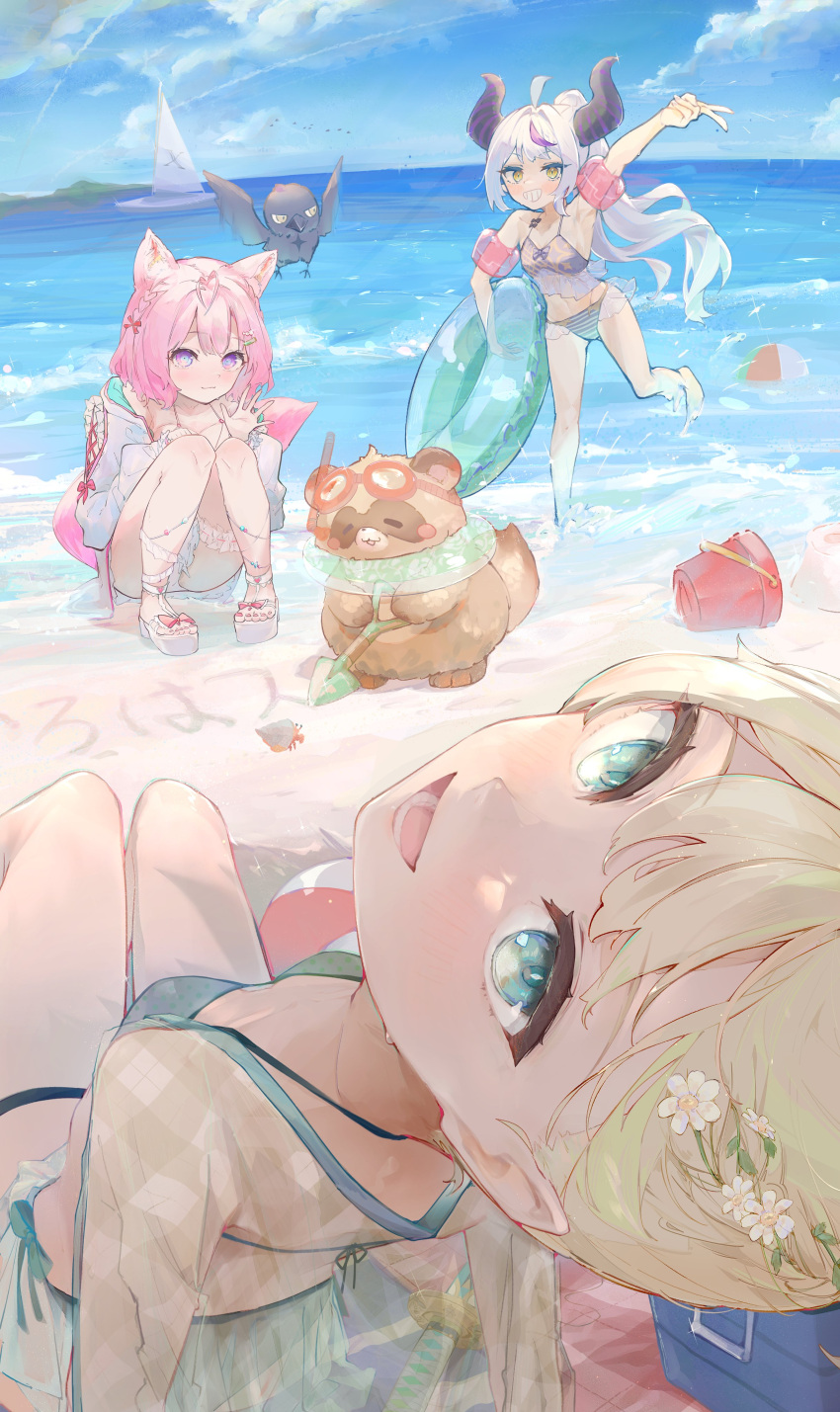 3girls absurdres ahoge animal_ears antenna_hair aqua_eyes beach bikini black_horns blonde_hair braid flower grey_hair hair_flower hair_ornament hakui_koyori highres hololive horns innertube kazama_iroha la+_darknesss long_hair multicolored_hair multiple_girls pink_hair purple_hair sauce_darusungi streaked_hair striped_horns swimsuit yellow_eyes