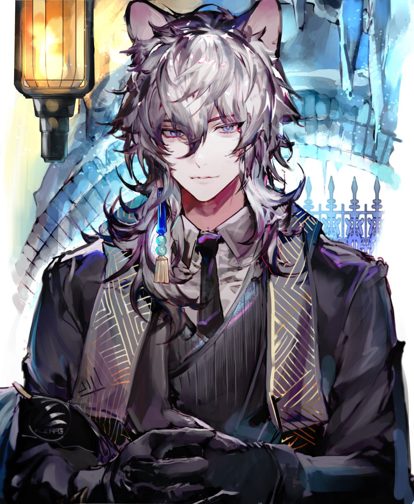 1boy animal_ears arknights black_gloves black_jacket black_necktie black_suit black_vest blue_eyes closed_mouth collared_shirt formal gloves grey_hair hair_between_eyes highres jacket kjera_(arknights) kkuekkue_(chifer1958) lantern leopard_boy leopard_ears long_sleeves looking_at_viewer male_focus medium_hair necktie own_hands_together shirt silverash_(arknights) silverash_(york's_bise)_(arknights) smile solo suit tassel upper_body vest white_shirt