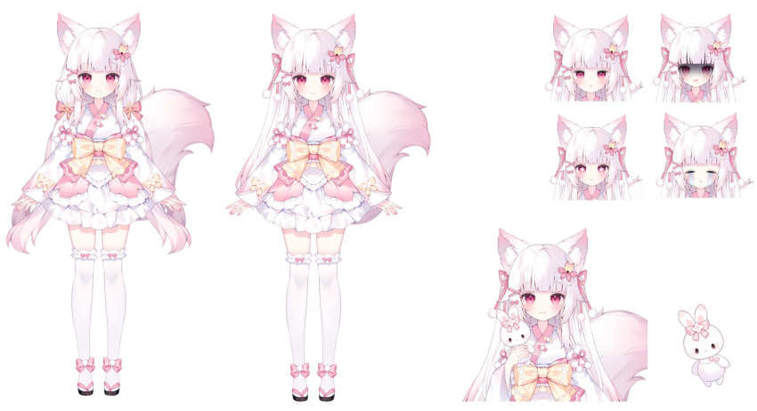 1girl alternate_hairstyle animal_ear_fluff animal_ears blunt_bangs closed_eyes expressions fox_ears fox_girl fox_tail full_body hair_ornament highres indie_virtual_youtuber japanese_clothes kimono long_hair multiple_views red_eyes ribbon sandals shaded_face skirt smile tail thighhighs tsukimi_(xiaohuasan) twintails virtual_youtuber white_hair white_kimono white_skirt white_thighhighs