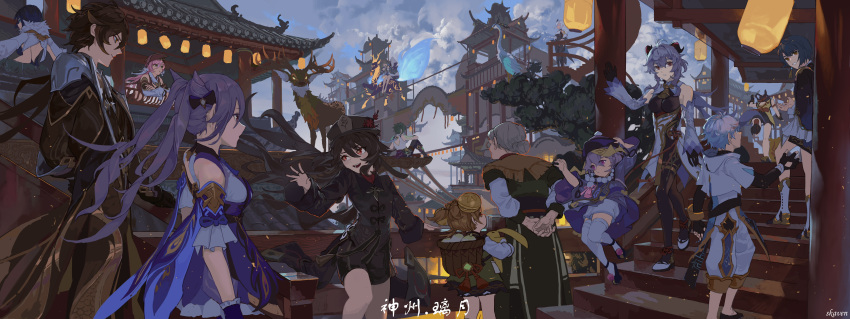 absurdres architecture bare_shoulders bell black_gloves black_hair black_headwear black_shorts blue_hair bodystocking breasts brown_hair chinese_clothes chinese_knot chinese_text chongyun_(genshin_impact) cloud cloud_retainer_(genshin_impact) cloudy_sky collared_coat cone_hair_bun cowbell detached_sleeves dress east_asian_architecture flower flower-shaped_pupils formal ganyu_(genshin_impact) genshin_impact gloves goat_horns green_hair grey_hair guizhong_(genshin_impact) hair_between_eyes hair_bun hair_ears hat hat_flower highres horns hu_tao_(genshin_impact) jacket jewelry keqing_(genshin_impact) lantern_festival leotard leotard_under_clothes long_hair long_sleeves low_ponytail madame_ping_(genshin_impact) medium_breasts moon_carver_(genshin_impact) multiple_rings open_mouth pillar pink_hair plum_blossoms ponytail porkpie_hat purple_dress purple_eyes purple_gloves purple_hair qiqi_(genshin_impact) red_eyes ring rooftop shenhe_(genshin_impact) shorts skavenprime sky skybracer_(genshin_impact) sleeves_past_fingers sleeves_past_wrists smile suit symbol-shaped_pupils twintails white_sleeves xiao_(genshin_impact) xingqiu_(genshin_impact) yanfei_(genshin_impact) yaoyao_(genshin_impact) yelan_(genshin_impact) zhongli_(genshin_impact)
