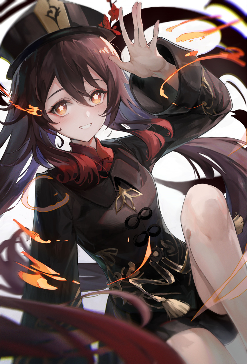 1girl absurdres black_dress black_headwear black_ribbon branch brown_hair dress fire flat_chest flower flower-shaped_pupils genshin_impact gold_tassel gold_trim gradient_hair highres hu_tao_(genshin_impact) long_hair looking_at_viewer multicolored_hair orange_eyes red_flower red_hair red_petals red_undershirt ribbon short_shorts shorts smile solo symbol-shaped_pupils thighs two-tone_hair very_long_hair waving white_background yonesdraws