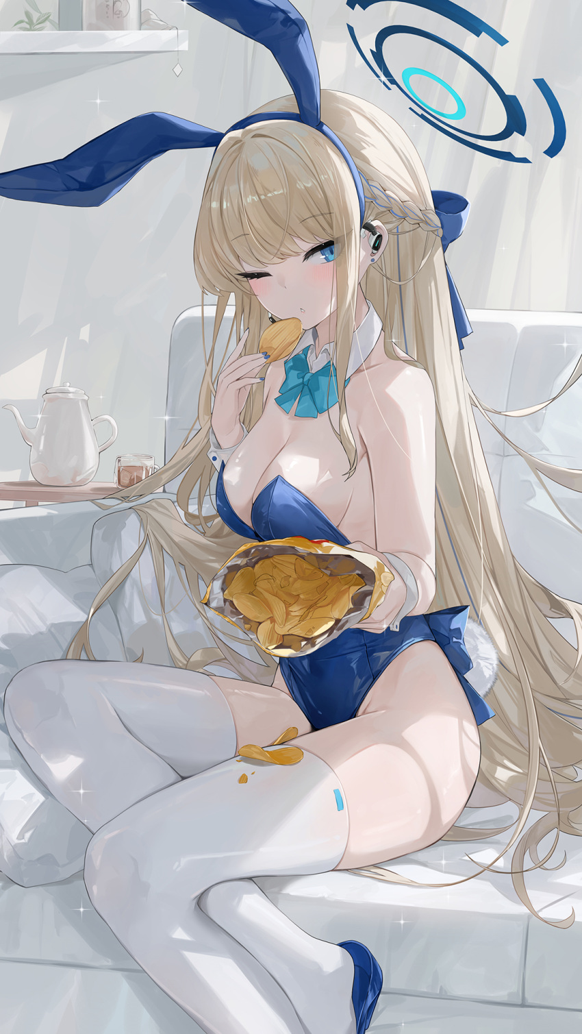 1girl animal_ears bag_of_chips blonde_hair blue_archive blue_bow blue_bowtie blue_eyes blue_footwear blue_hair blue_leotard blush bow bowtie braid breasts cleavage dema_hmw detached_collar fake_animal_ears food halo high_heels highres holding holding_food indoors leotard long_hair medium_breasts multicolored_hair official_alternate_costume one_eye_closed parted_lips playboy_bunny rabbit_ears rabbit_tail solo strapless strapless_leotard streaked_hair tail thighhighs toki_(blue_archive) toki_(bunny)_(blue_archive) white_thighhighs