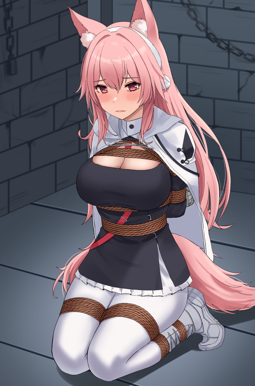 1girl absurdres animal_ear_fluff animal_ears arknights arms_behind_back bdsm black_shirt blush bondage boots bound breasts cape chain cleavage commentary_request hair_between_eyes hairband highres indoors large_breasts leggings long_hair memmemme pants pink_eyes pink_hair pom_pom_(clothes) pozyomka_(arknights) pozyomka_(snowy_plains_in_words)_(arknights) rope seiza shadow shirt sitting solo tail thighs very_long_hair white_cape white_footwear white_hairband white_pants wolf_ears wolf_tail