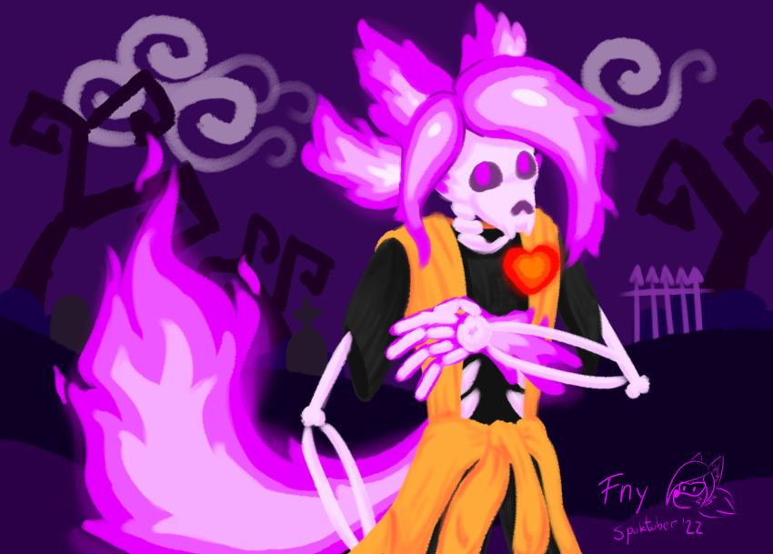 2022 absurd_res ambiguous_gender anthro bone canid canine cemetery colored_fire fire flaming_hair flaming_tail foony foony_(character) halloween hi_res holidays hybrid mammal mystery_skulls plant pseudo_hair purple_eyes purple_fire skeleton solo tail tombstone tree undead