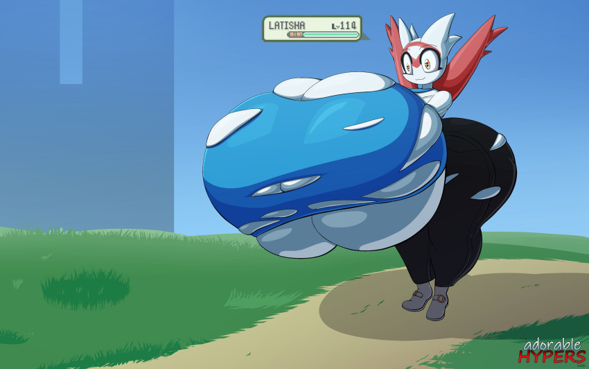 absurd_res anthro big_breasts big_butt black_pupils bottomwear breast_expansion breasts butt butt_expansion clothing english_text expansion female footwear gameplay_mechanics generation_3_pokemon gui health_bar hi_res huge_breasts huge_butt hyper hyper_breasts latias legendary_pokemon nintendo orange_eyes pants pokemon pokemon_(species) pupils shirt shoes solo text thick_thighs thigh_expansion topwear torn_clothing white_body wide_eyed wings zanbonsen