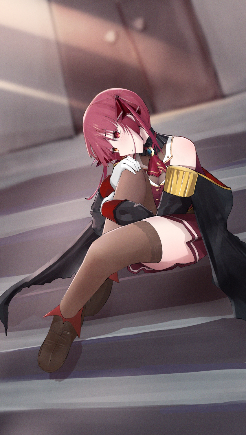 1girl absurdres bare_shoulders black_choker black_coat boots breasts brown_footwear choker cleavage coat commentary door english_commentary frilled_choker frills gloves hair_ribbon heterochromia highres hololive houshou_marine houshou_marine_(1st_costume) hugging_own_legs large_breasts leather leather_boots leotard leotard_under_clothes long_hair miniskirt obscookie off_shoulder pleated_skirt red_eyes red_hair red_skirt ribbon sitting sitting_on_stairs skirt sleeveless sleeveless_jacket solo stairs stone_stairs thighhighs twintails virtual_youtuber white_gloves yellow_eyes zettai_ryouiki