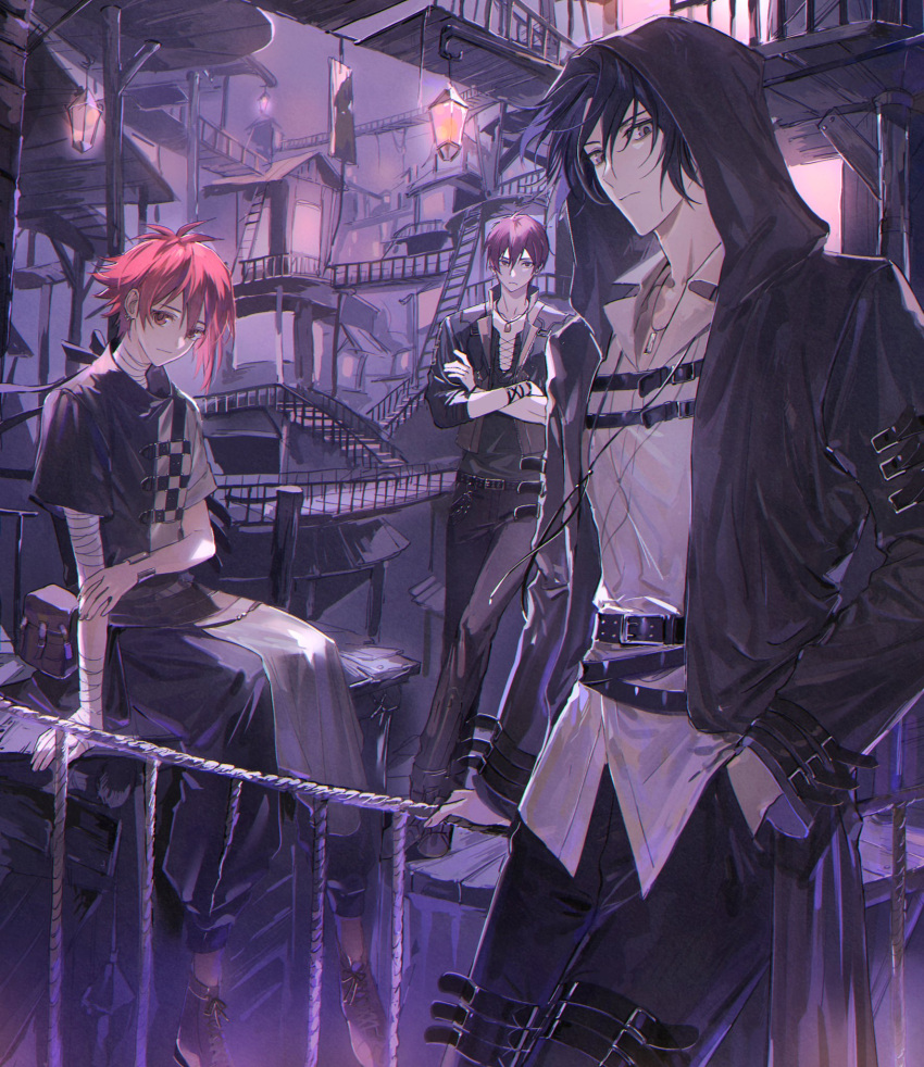 3boys bandaged_arm bandaged_neck bandages black_hair black_hoodie black_shirt cityscape closed_mouth crossed_arms grey_eyes highres hood hood_up hoodie idolish7 inumaru_toma izumi_iori konghi98 looking_at_viewer multiple_boys nanase_riku purple_eyes purple_hair red_eyes red_hair shirt short_hair short_sleeves white_shirt