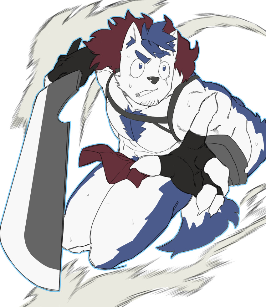 1boy absurdres animal_ear_fluff animal_ears bara bare_pectorals blue_doggo_(ttn) blue_fur blue_hair chest_harness chest_tuft clothes_lift dog_boy dog_ears fighting_stance goatee_stubble harness highres holding holding_sword holding_weapon large_pectorals male_focus muscular muscular_male nervous_sweating original outstretched_arm pectorals pelvic_curtain pelvic_curtain_lift scar scar_across_eye short_hair solo sweat sword thick_eyebrows ttn_(239_239) two-tone_fur weapon white_fur