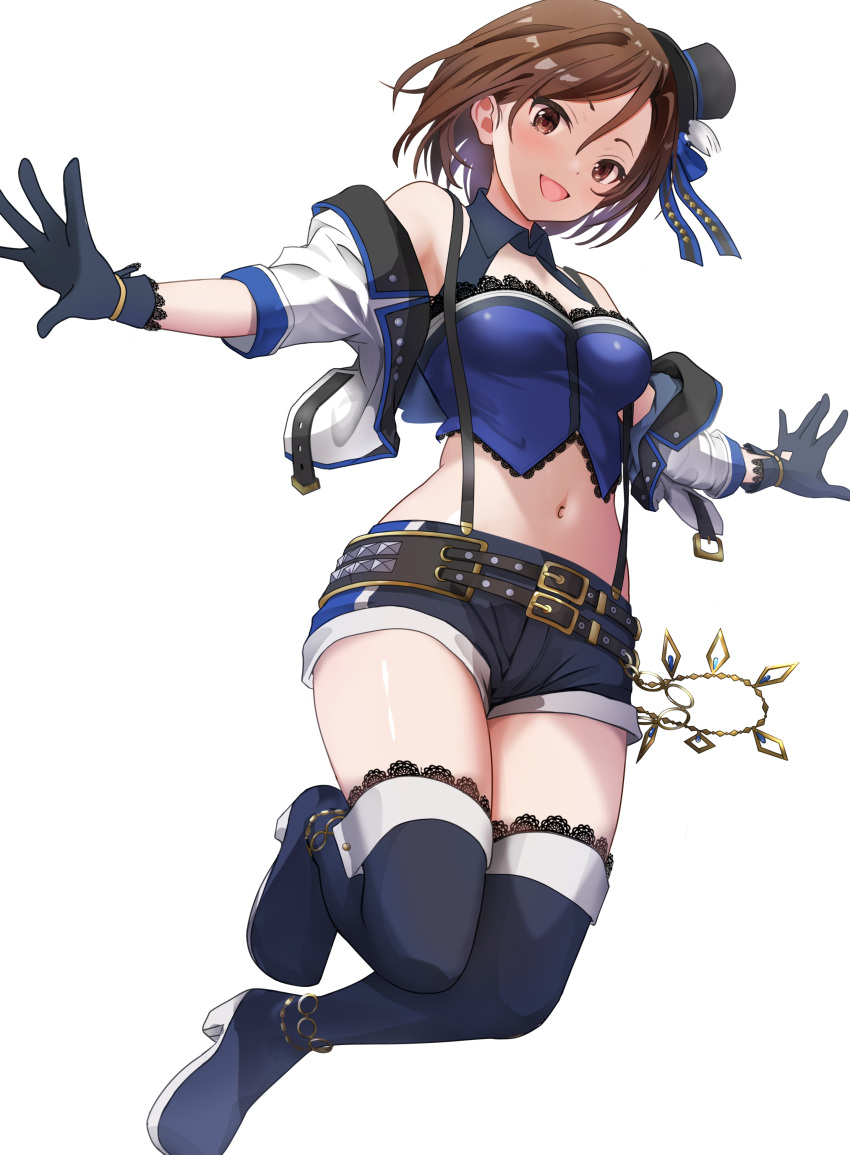 1girl :d absurdres bare_shoulders belt black_belt black_footwear black_gloves black_jacket black_shorts blue_bustier blue_jacket blue_shorts blush boots breasts brown_eyes brown_hair commentary cropped_jacket detached_collar from_below full_body gibun_(sozoshu) gloves hat highres idolmaster idolmaster_cinderella_girls jacket jumping light_blush looking_at_viewer looking_down medium_breasts midriff mini_hat mini_top_hat mizuki_seira multicolored_clothes multicolored_jacket multicolored_shorts multiple_belts navel off_shoulder open_mouth outstretched_arms short_hair short_shorts shorts simple_background smile solo suspenders thigh_boots top_hat wallet_chain white_background white_jacket white_shorts zettai_ryouiki
