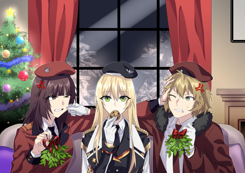 1boy 2girls beret black_necktie christmas christmas_ornaments christmas_tree commander_(girls'_frontline) commission embarrassed female_commander_(girls'_frontline) fighting girls'_frontline hat highres jacket military_uniform mistletoe multiple_girls necktie pixiv_commission red_necktie shirt stg44_(girls'_frontline) stg44_(mod3)_(girls'_frontline) suprii uniform white_shirt window winter