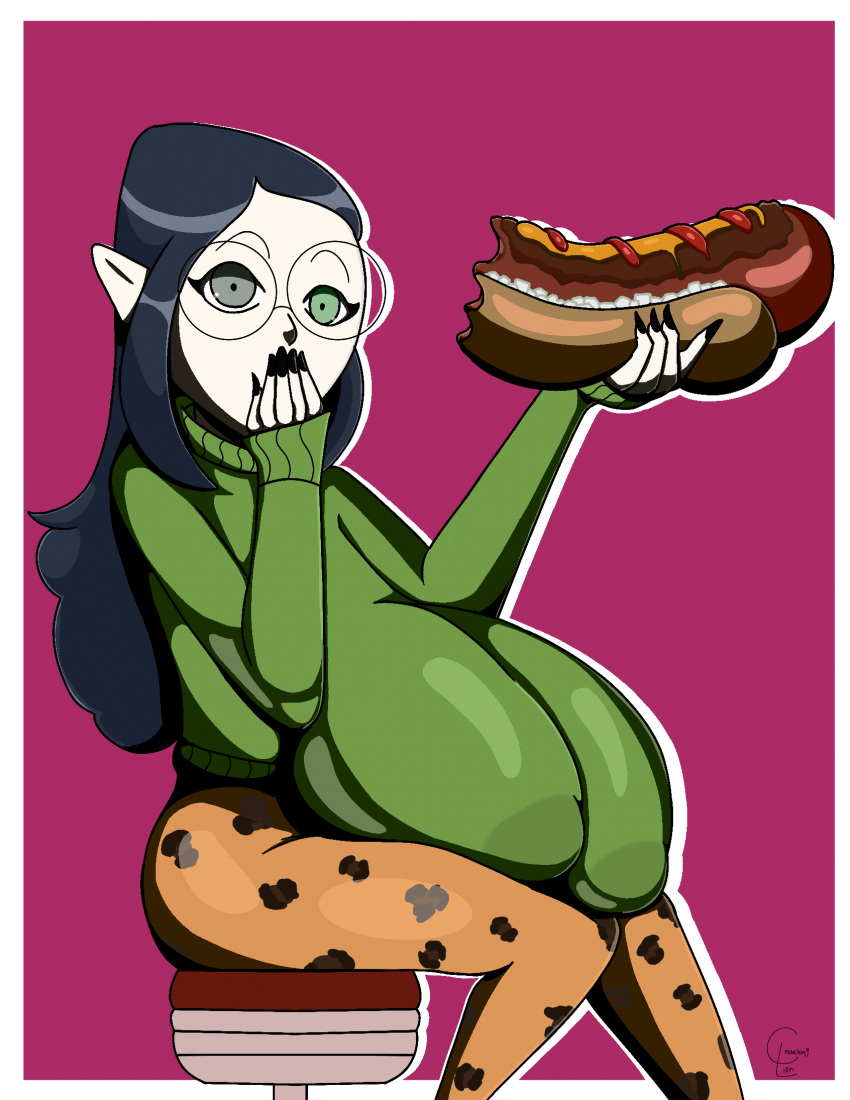 big_breasts breasts crouchingli0n disney eyewear female food glasses hand_on_mouth hi_res hot_dog humanoid lilith_clawthorne sagging_breasts solo the_owl_house witch_(the_owl_house)