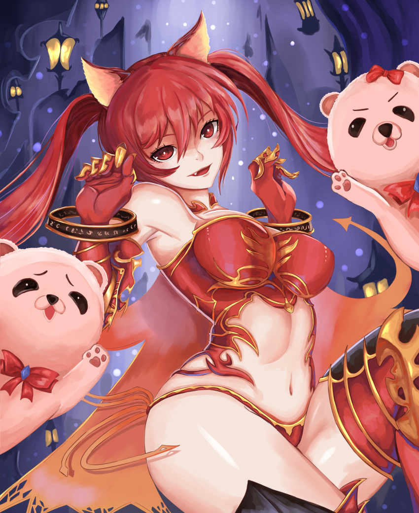 1girl absurdres animal_ears bare_shoulders bikini breasts cerberus_(shingeki_no_bahamut) dog_ears elbow_gloves fang gauntlets gloves hair_between_eyes highres large_breasts loooyd navel open_mouth red_eyes red_hair shingeki_no_bahamut side-tie_bikini_bottom smile solo swimsuit thighhighs twintails