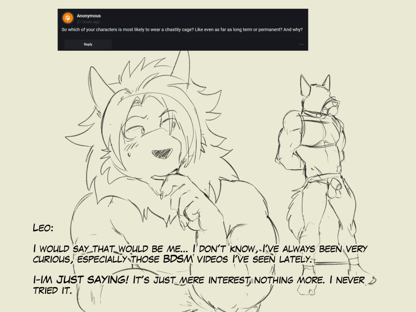 absurd_res anthro arcanine ask_blog bdsm bondage bound generation_1_pokemon hi_res leo_(zourik) line_art male nintendo nude pokemon pokemon_(species) sketch solo zourik