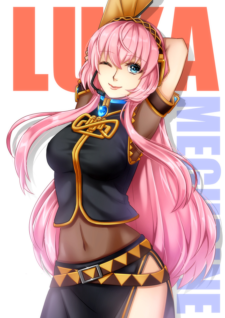 1girl absurdres armpits arms_up belt black_shirt black_skirt blue_eyes bodystocking breasts brown_belt character_name closed_mouth commentary covered_navel cowboy_shot english_commentary gold_trim hair_between_eyes headset highres large_breasts lips long_hair looking_at_viewer medium_bangs megurine_luka multiple_belts one_eye_closed pink_hair riabels shirt side_slit sidelocks skirt sleeveless sleeveless_shirt smile solo very_long_hair vocaloid