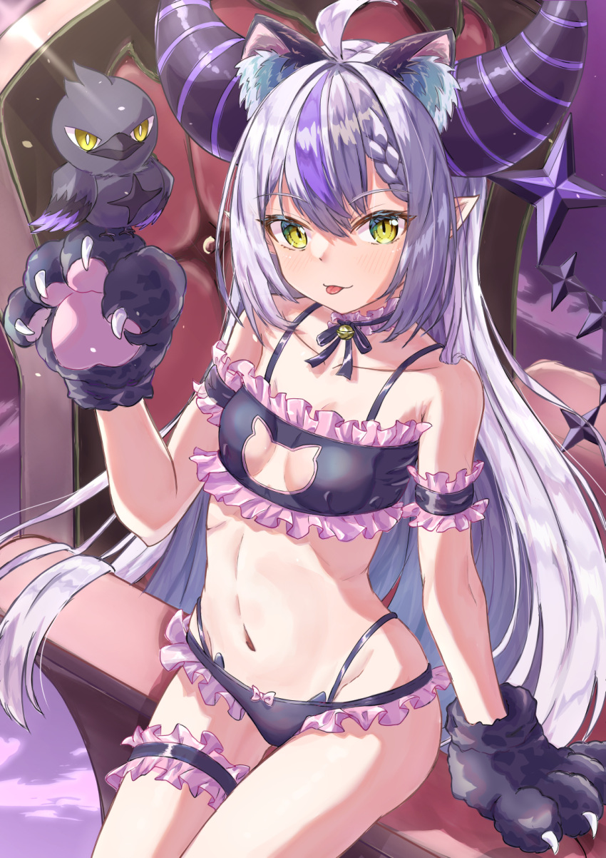 1girl ahoge animal_ear_fluff animal_ears animal_hands bell black_bra black_horns bra braid braided_bangs cat_cutout cat_ear_panties cat_ears cat_lingerie cat_paws clothing_cutout crow_(la+_darknesss) frilled_bra frilled_panties frills grey_hair highres hololive horns jingle_bell la+_darknesss long_hair meme_attire multicolored_hair navel neck_bell neck_ribbon panties pointy_ears purple_hair qussie ribbon streaked_hair striped_horns thigh_strap tongue tongue_out underwear underwear_only virtual_youtuber yellow_eyes