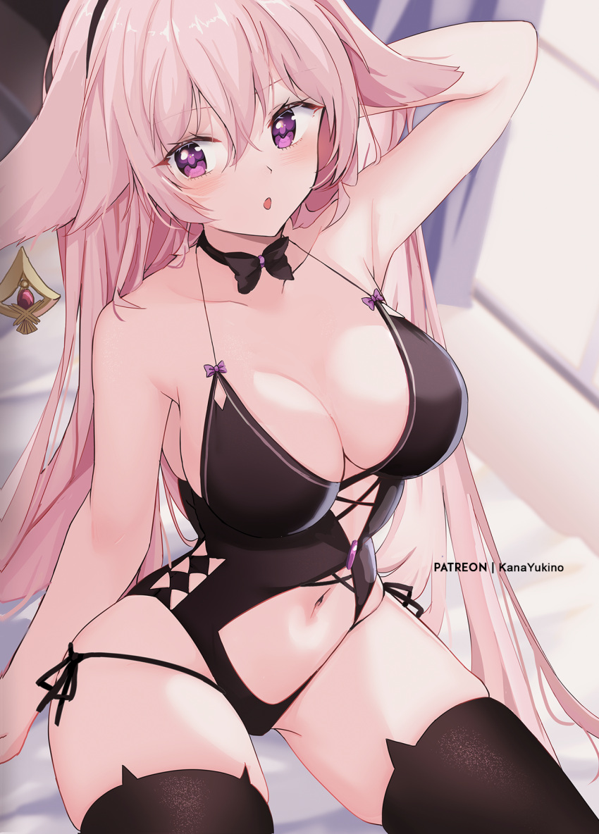 1girl :o animal_ears arm_behind_head arm_up armpits bare_shoulders bikini black_thighhighs blush bow bowtie breasts cleavage clothing_cutout collarbone earrings english_commentary fox_ears genshin_impact hair_between_eyes hair_ornament highres jewelry kana_yukino large_breasts long_hair looking_at_viewer navel pink_hair purple_eyes solo stomach swimsuit thighhighs thighs very_long_hair yae_miko