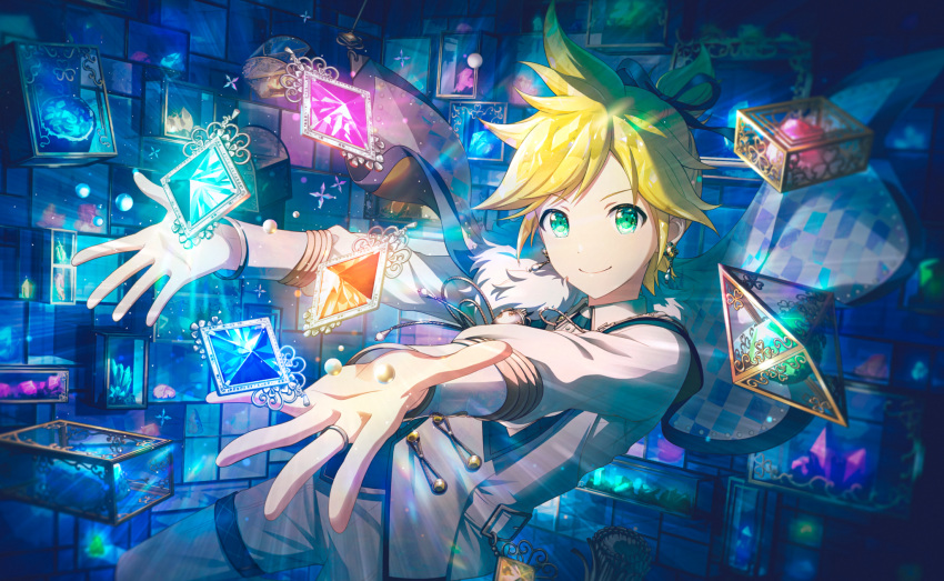 1boy aiguillette aqua_gemstone belt black_ribbon blonde_hair blue_gemstone box buttons capelet colorful colorful_palette dot_nose double-breasted earrings fur_trim gem glint gold_trim green_eyes green_gemstone hair_ribbon high_ponytail highres jacket jewelry kagamine_len lapel_pin leg_belt looking_at_viewer male_focus more_more_jump!_(project_sekai) more_more_jump!_len official_art orange_gemstone outstretched_arms pants parted_bangs pink_gemstone project_sekai purple_gemstone red_gemstone ribbon ring short_ponytail smile step_by_step!_(project_sekai) tassel third-party_source toggles vocaloid white_belt white_jacket white_pants